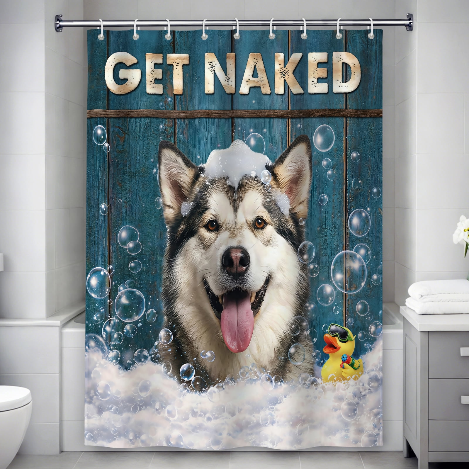 Funny Alaskan Malamute Shower Curtain - Get Naked Humorous Bath Decor, Waterproof Fabric, Cute Dog in Bubbles with Duck, Bathroom Accessory for Dog Lovers - 60"x72"