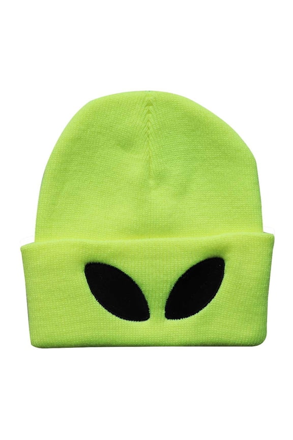 Funny Alien Beanie Hat with Big Eyes - Cuffed Cool Graphic Beanies Knit Winter Hats Warm Soft Stretchy Daily Cap