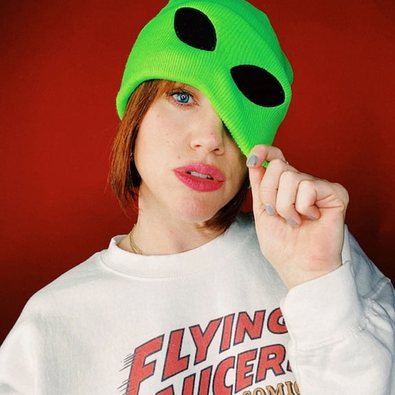 Funny Alien Beanie Hat with Big Eyes - Cuffed Cool Graphic Beanies Knit Winter Hats Warm Soft Stretchy Daily Cap