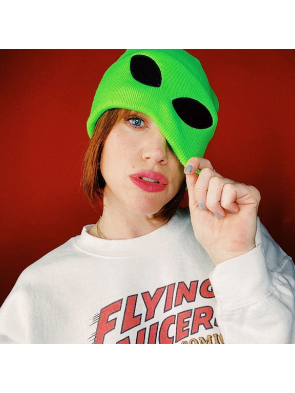 Funny Alien Beanie Hat with Big Eyes - Cuffed Cool Graphic Beanies Knit Winter Hats Warm Soft Stretchy Daily Cap
