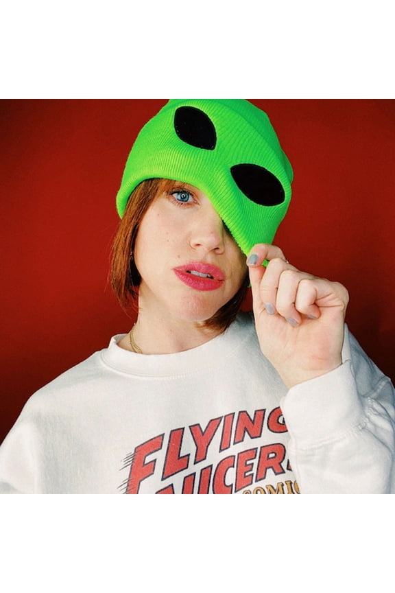 Funny Alien Beanie Hat with Big Eyes - Cuffed Cool Graphic Beanies Knit Winter Hats Warm Soft Stretchy Daily Cap