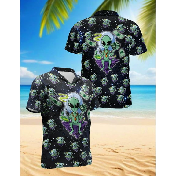 Funny Alien Hawaiian Shirt for Men, Button Down Summer Beach Short Sleeve, Sizes S-5XL