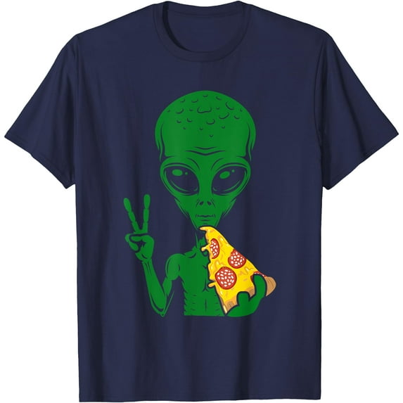 Funny Alien Head Eating Pizza UFO Unisex T-Shirt for Men Women Kids,Navy Color,Size 2XL
