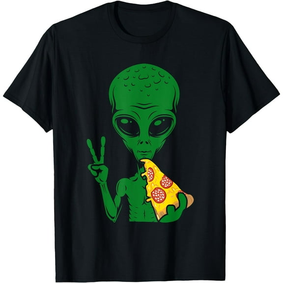 Funny Alien Head Eating Pizza UFO Unisex T-Shirt for Men Women Kids