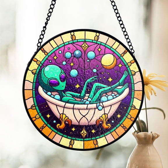 Funny Alien In Bathroom Stained Glass Suncatcher, Funny Space Decor, Relaxing Extraterrestrial Art, Unique Wall Hanging, The Alien Decor