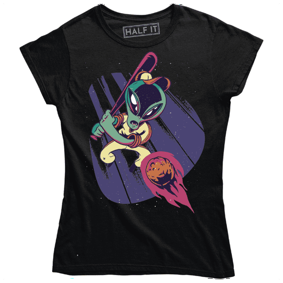 Funny Alien Playing Baseball In Outer Space Outdoor Games Women's T-Shirt