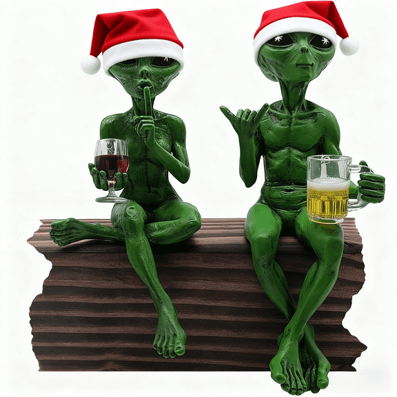Funny Alien Statue Set of 2 10 Inch Party Alien Figurines with Wine & Beer, Green Outdoor Garden Decor Ornaments for Home Patio Yard