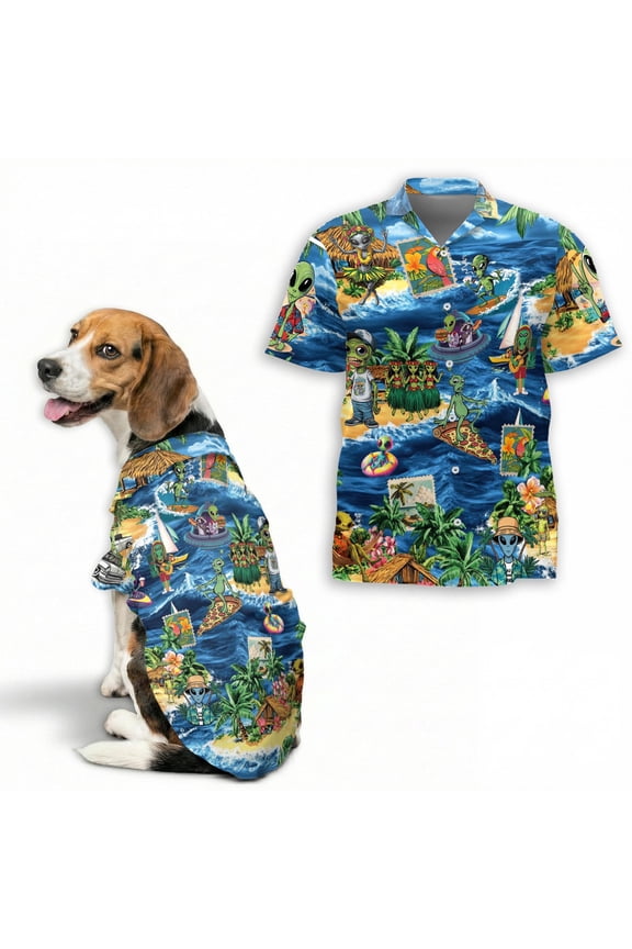 Funny Alien Surfing Hawaiian Shirt – Men’s Aloha Beach Vacation Button-Up, Tropical Alien Print Summer Shirt S–5XL