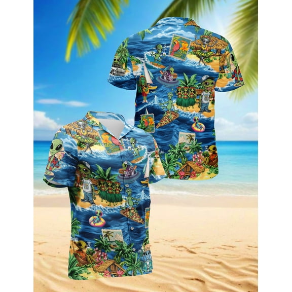 Funny Alien Surfing Hawaiian Shirt for Men, Button Down Summer Beach Short Sleeve, Fun Style, Sizes S-5XL