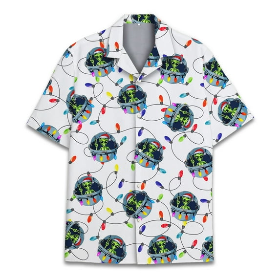 Funny Alien UFO Christmas Hawaiian Shirt For Men Aloha Mens Hawaiian Shirts Casual Short Sleeve Button Down Shirt Men