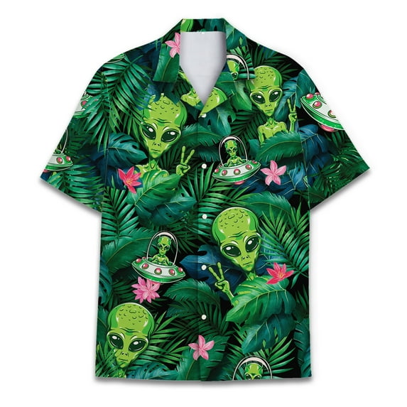 Funny Alien UFO Tropical Hawaiian Shirt For Men Short Sleeve Button Down Shirt Men Alien Floral Hawaiian Shirts