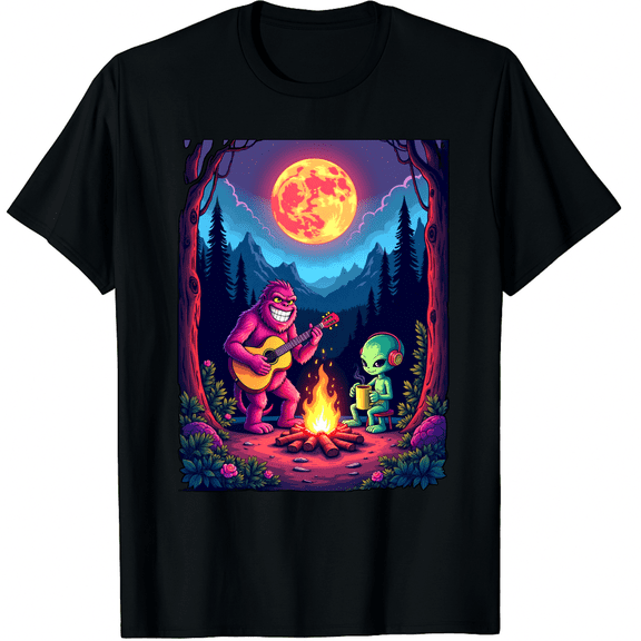 Funny Alien and Bigfoot Campfire Moon UFO Adventure Hiking Graphic Black T-Shirt for Men and Women