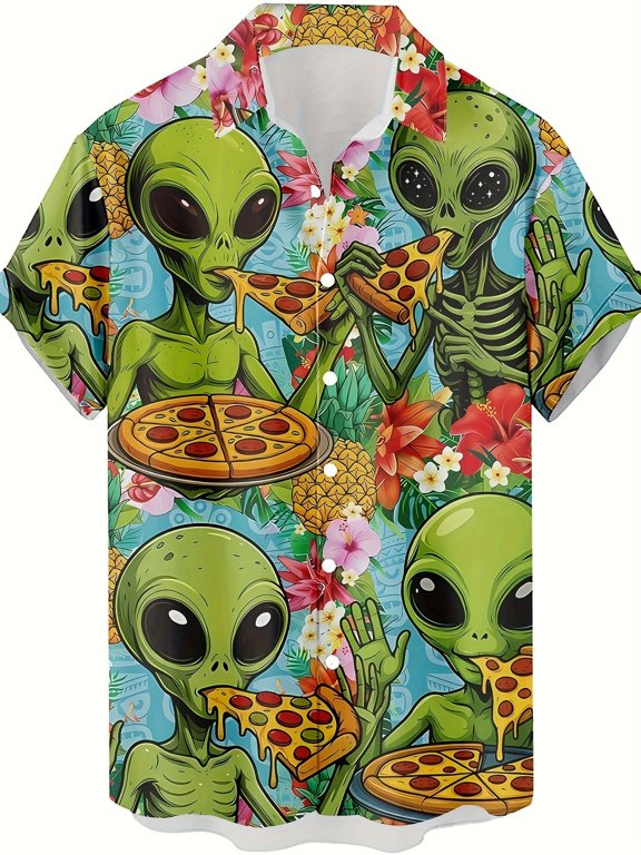 Funny Aliens Eat Pizza Pattern 3D Printed Men's Fashion Casual Shirt Personalized Hip Hop Rock Street Hawaiian Shirt