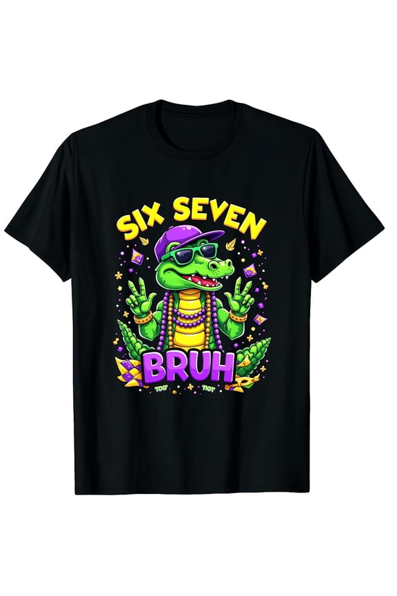 Funny Alligator Six Seven Bruh Graphic Tee Retro Crocodile Sunglasses Party T-Shirt