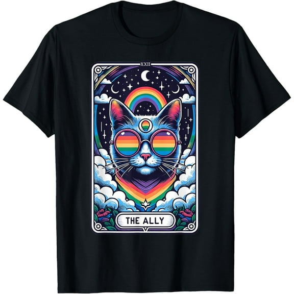 Funny Ally Cat Tarot Card Pride Sunglasses Gay Pride LGBTQ T-Shirt Tops Tee