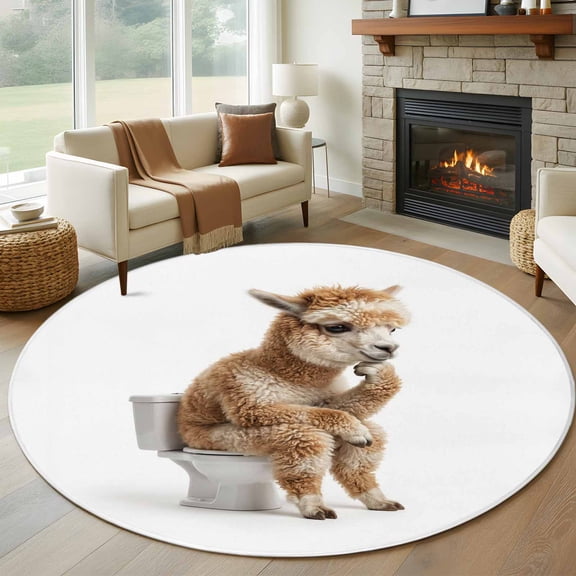 Funny Alpacas Round Area Rug 6Ft Washable Circle Rugs for Bathroom Office, Cute Art Fun Lovely Animals on Toilets Non-Slip Carpet Floor Mats Indoor Outdoor Carpet Runner Aesthetic Home Decor
