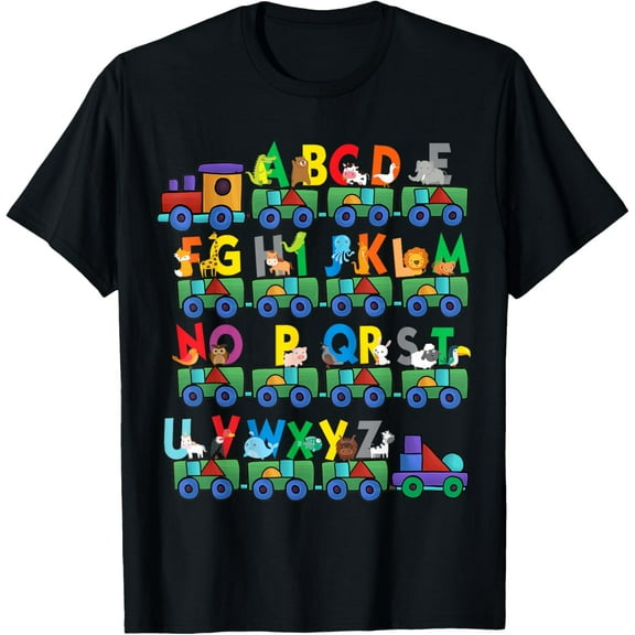 Funny Alphabet Animal ABCs Toy Trains Teacher Kindergarten T-Shirt men and women can wear, black, white, gifts