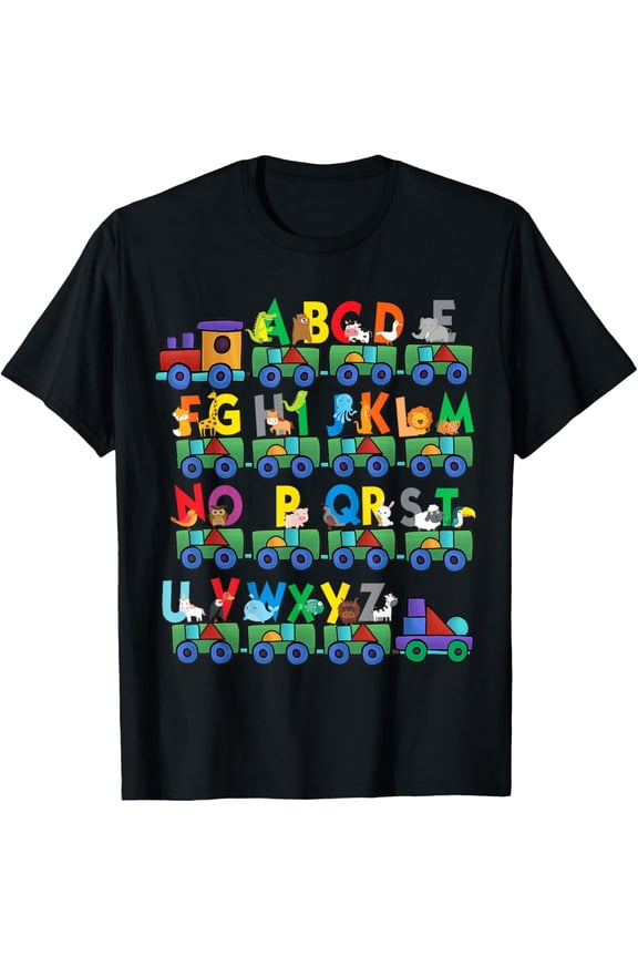Funny Alphabet Animal ABCs Toy Trains Teacher Kindergarten T-Shirt men and women can wear, black, white, gifts
