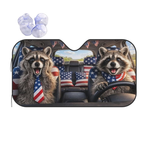 Funny American Flag Raccoon Pair Car Windshield Sun Shade, Independence Day Themed Foldable Front Window Sunvisor Shield Blocks UV Rays Reduces Heat Fits Most Vehicles Easy Store