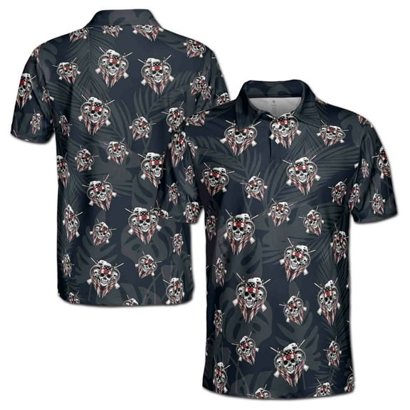 Funny American Flag Skull 4th of July Independence Day Men's Polo Shirt S-5XL