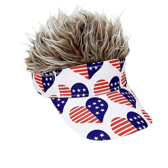 Funny American Flag Wig Visor Hat, July 4th Patriotic Baseball Cap with Adjustable Strap, Sun Protective Novelty Hat for Independence Day Parties, 250th Anniversary Costume & Outdoor Celebration