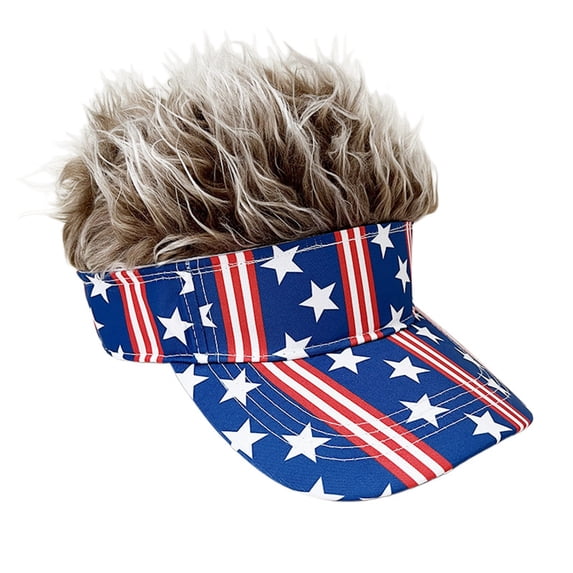 Funny American Flag Wig Visor Hat, July 4th Patriotic Baseball Cap with Adjustable Strap, Sun Protective Novelty Hat for Independence Day Parties, 250th Anniversary Costume & Outdoor Celebration