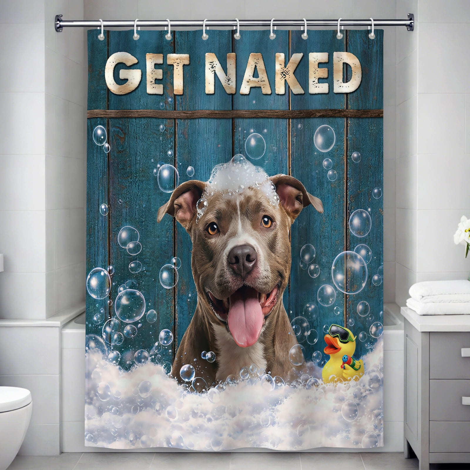 Funny American Pit Bull Terrier Shower Curtain with Hooks - Get Naked Humorous Bath Decor, Waterproof Fabric, Cute Dog in Bubbles with Duck, Funny Bathroom Accessory for Dog Lovers - 60"x72"