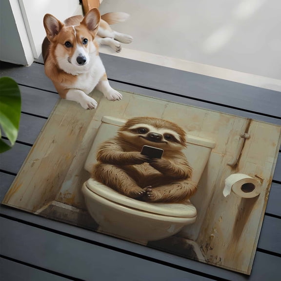 Funny Animal 2x3 Area Rugs for Living Room, Sloth Sitting on Toilet Sloth Playing Phone Non Slip Floor Mat Washable Low-Profile Indoor Carpet for Bedroom, Dining Room, Bathroom