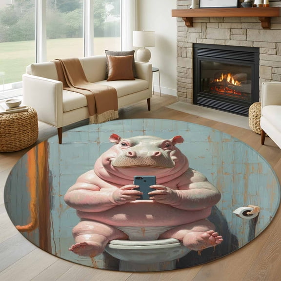 Funny Animal 8FT Round Area Rugs for Living Room 111 Hippo Sitting on Toilet Hippo Playing Phone Ultra-Thin Non-Slip Round Rugs Machine Washable Low Pile Circle Carpet for Bedroom Kitchen Nursery