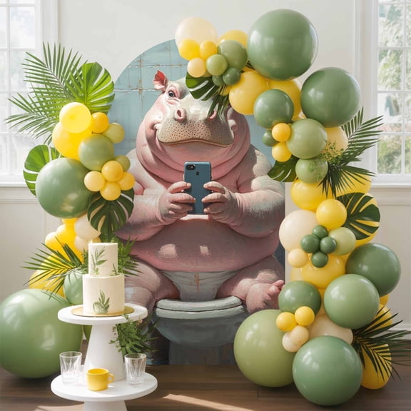 Funny Animal Arch Backdrop Cover, 4FT, Hippo Sitting on Toilet Hippo Playing Phone Spandex Arch Covers Double-Sided Backdrop for Wedding Birthday Party Photo Background Decoration
