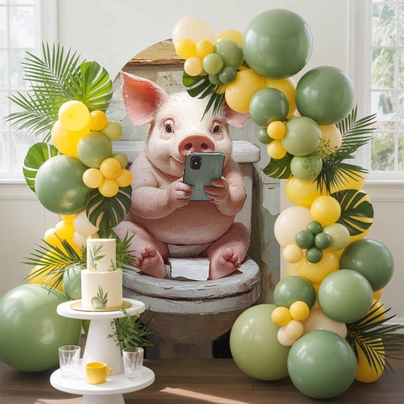 Funny Animal Arch Backdrop Cover, 5FT, Pig Sitting on Toilet Pig Playing Phone Spandex Arch Covers Double-Sided Backdrop for Wedding Birthday Party Photo Background Decoration