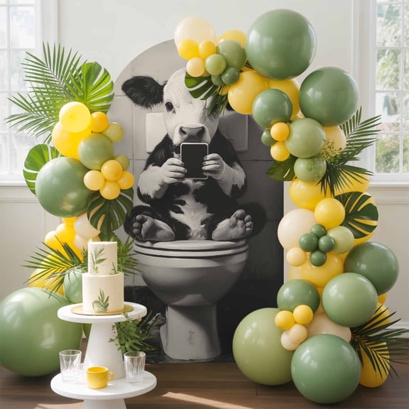Funny Animal Arch Backdrop Cover, 7.2FT, Dairy Cow Sitting on Toilet Playing Phone Spandex Arch Covers Double-Sided Backdrop for Wedding Birthday Party Photo Background Decoration
