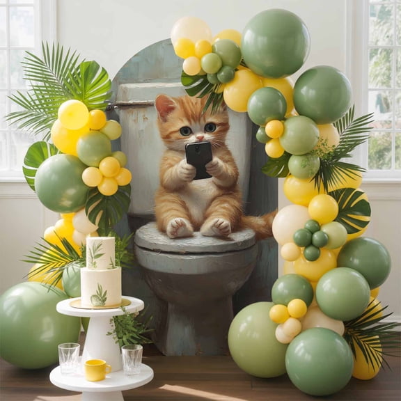 Funny Animal Arch Backdrop Cover, 7.2FT, Kitten Sitting on Toilet Kitten Playing Phone Spandex Arch Covers Double-Sided Backdrop for Wedding Birthday Party Photo Background Decoration