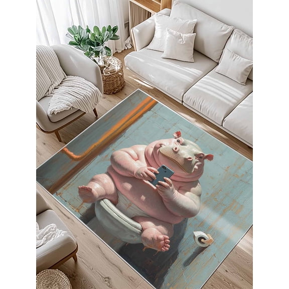 Funny Animal Area Rug for Bedroom 3x5 Ft Hippo Sitting on Toilet Hippo Playing Phone Super Soft fuzzy Throw Rug Non-Slip Fluffy Plush Indoor Floor Carpet for Living Room Nursery Home Decor