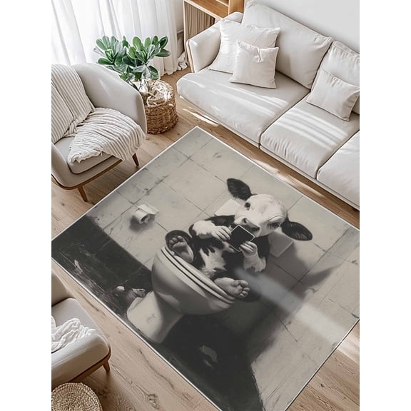 Funny Animal Area Rug for Bedroom 4x6 Ft Dairy Cow Sitting on Toilet Playing Phone Super Soft fuzzy Throw Rug Non-Slip Fluffy Plush Indoor Floor Carpet for Living Room Nursery Home Decor