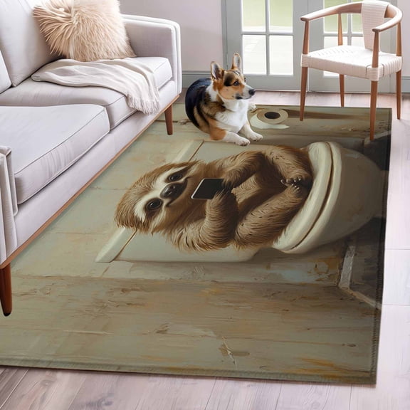Funny Animal Area Rugs 3x5 ft Sloth Sitting on Toilet Sloth Playing Phone Washable Rug Non Slip Indoor Carpet Absorbent Floor Mat for Living Room Bedroom Dining Room