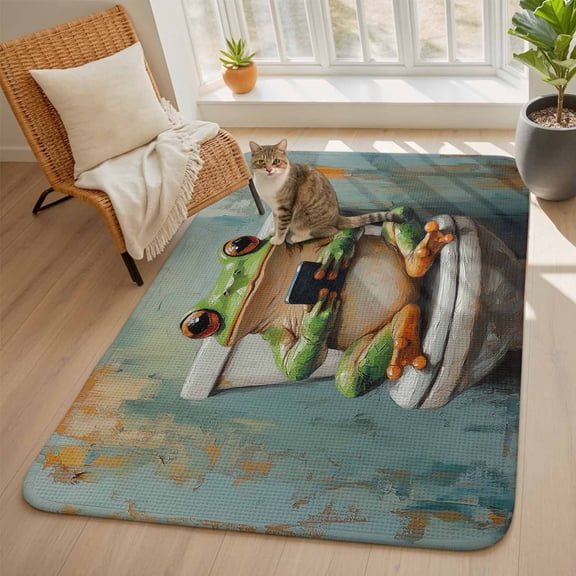 Funny Animal Area Rugs for Living Room 5x6, Frog Sitting on Toilet Frog Playing Phone Washable Area Rug with Non Slip Backing, Stain Resist Linen Carpet for Bedroom, Dining Room, Entryway, Entrance