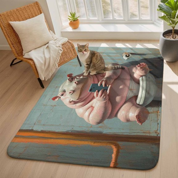 Funny Animal Area Rugs for Living Room 5x6, Hippo Sitting on Toilet Hippo Playing Phone Washable Area Rug with Non Slip Backing, Stain Resist Linen Carpet for Bedroom, Dining Room, Entryway, Entrance