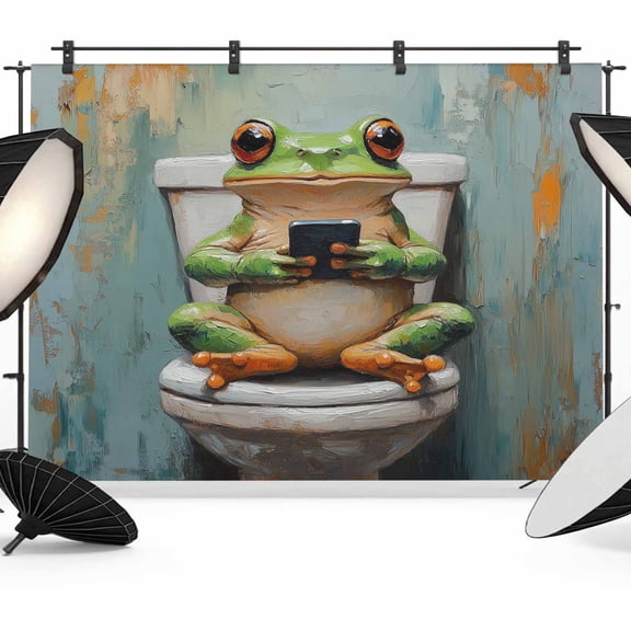 Funny Animal Backdrop for Photography, Frog Sitting on Toilet Frog Playing Phone Photo Backdrop Portrait Background Party Banner Photo Backgrounds for Studio Booth Props, 10x8ft