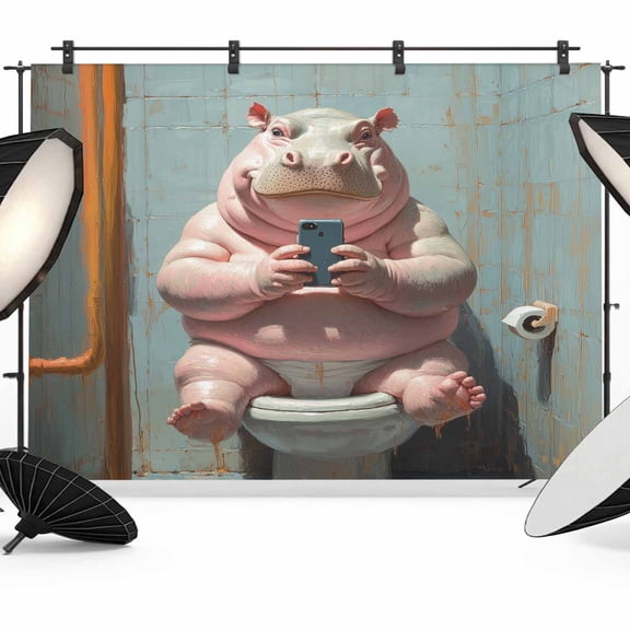 Funny Animal Backdrop for Photography, Hippo Sitting on Toilet Hippo Playing Phone Photo Backdrop Portrait Background Party Banner Photo Backgrounds for Studio Booth Props, 7x5ft