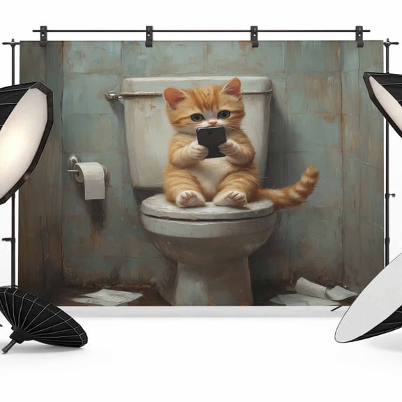 Funny Animal Backdrop for Photography, Kitten Sitting on Toilet Kitten Playing Phone Photo Backdrop Portrait Background Party Banner Photo Backgrounds for Studio Booth Props, 10x8ft
