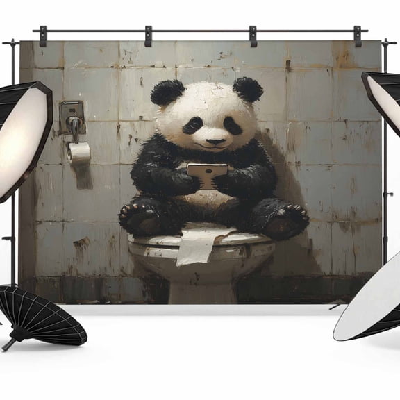 Funny Animal Backdrop for Photography, Panda Sitting on Toilet Panda Playing Phone Photo Backdrop Portrait Background Party Banner Photo Backgrounds for Studio Booth Props, 10x8ft