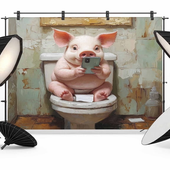 Funny Animal Backdrop for Photography, Pig Sitting on Toilet Pig Playing Phone Photo Backdrop Portrait Background Party Banner Photo Backgrounds for Studio Booth Props, 7x5ft