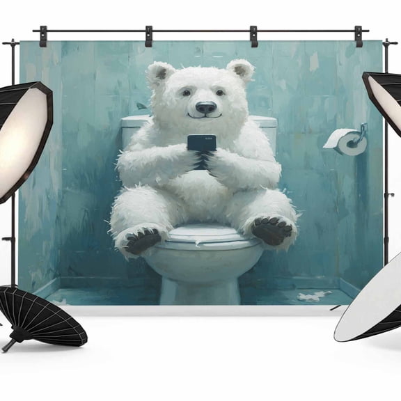 Funny Animal Backdrop for Photography, Polar Bear Sitting on Toilet Bear Playing Phone Photo Backdrop Portrait Background Party Banner Photo Backgrounds for Studio Booth Props, 7x5ft
