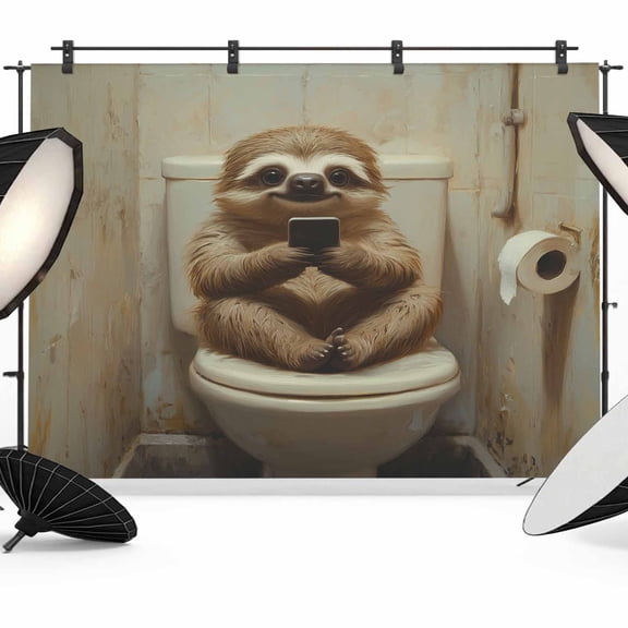 Funny Animal Backdrop for Photography, Sloth Sitting on Toilet Sloth Playing Phone Photo Backdrop Portrait Background Party Banner Photo Backgrounds for Studio Booth Props, 10x8ft