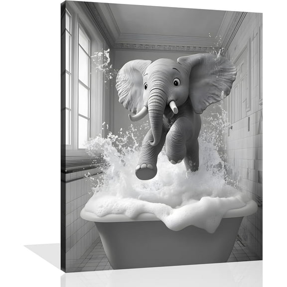 Funny Animal Bathroom Canvas Wall Art Black and White Animal Bathroom Picture Elephant Bathroom Poster Elephant Animals Bathroom Painting for Bathroom Living Room Wall Decor Unframed