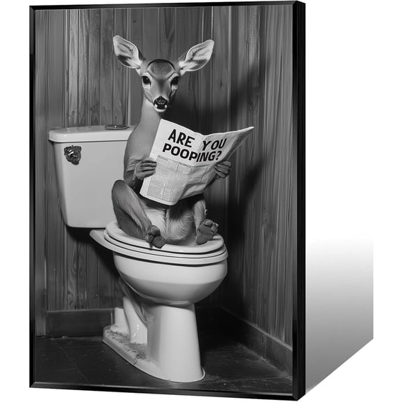 Funny Animal Bathroom Canvas Wall Art Deer Sitting On Toilet Reading Newspaper Prints Poster Modern Black And White Humor Animal Photo Pictures For Restroom Bathroom Washroom 8x12in Unframed