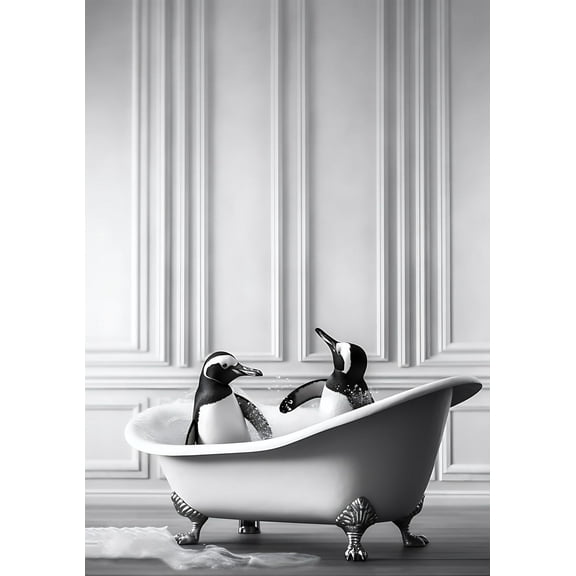 Funny Animal Bathroom Poster - Black & White Wall Art - Humor Picture Home Decor Aesthetics Canvas Print - Penguins Playing in Bathtub - Frameless 8x10inch
