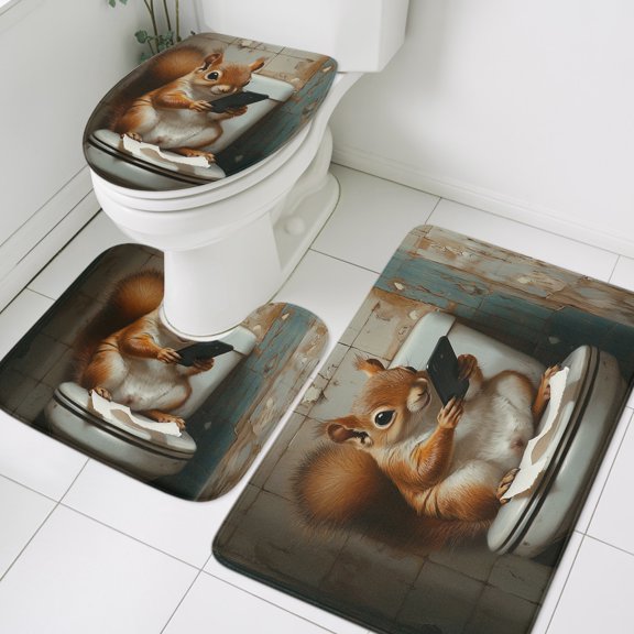 Funny Animal Bathroom Rugs Set Squirrel Sitting on Toilet Non Slip Absorbent Soft Bath Mats 3 Piece Set with Bathroom Rug, U-Shaped Floor Mat, Toilet Seat Cover Small Size