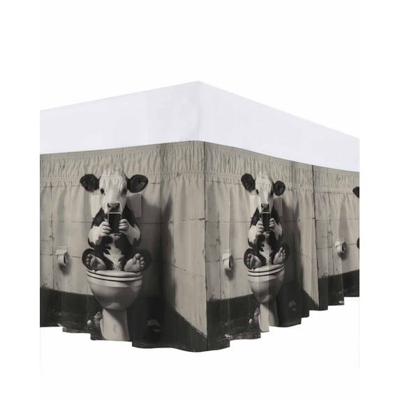 Funny Animal Bed Skirt King Size 16" Drop Dairy Cow Sitting on Toilet Playing Phone Ruffled Wrap Around Bed Skirts Adjustable Elastic Bedskirt Dust Ruffle for King Size Bed
